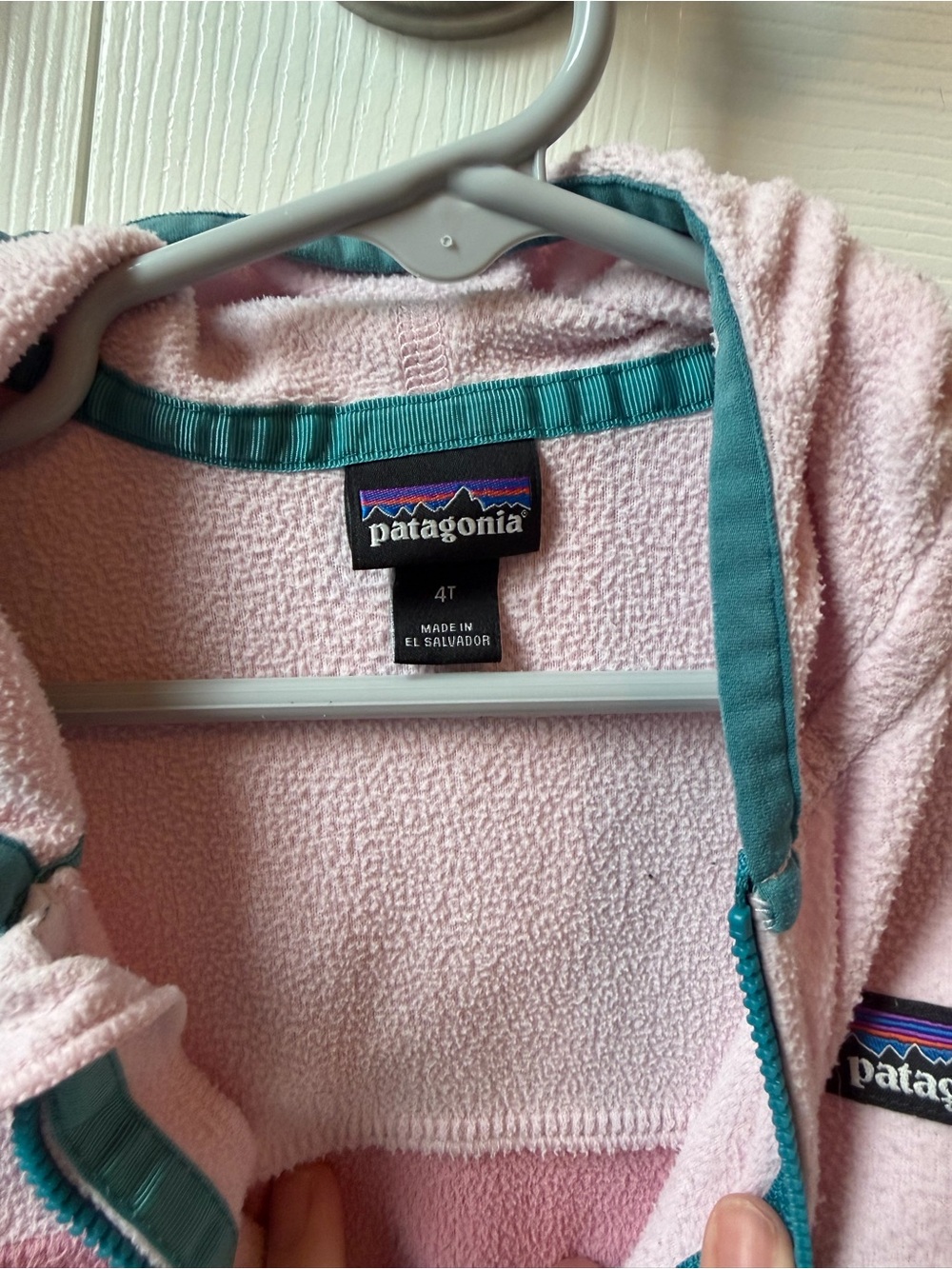 Patagonia Kids Two-Tone Pink Fleece Hoodie with Teal Trim - Picture 3 of 7